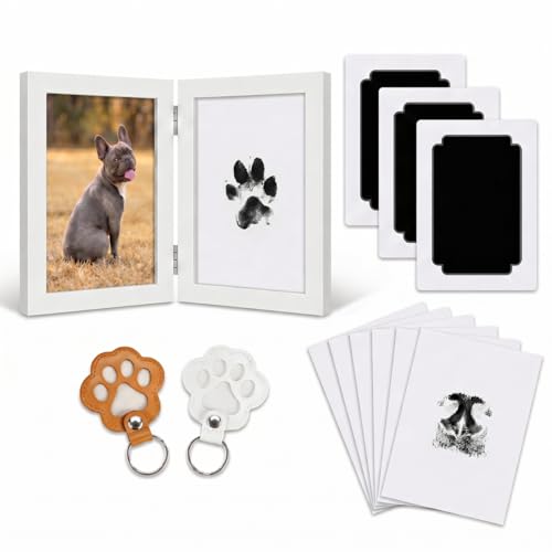 Inkless Pet Paw & Nose Print Kit, Wood Frame Keepsake Gift Set | 3 Inkless Pads, 6 Cards, Hinged Double Wood Frame, 2 Leather Fur Keychains, New Pet, Milestone & Memorial Keepsake