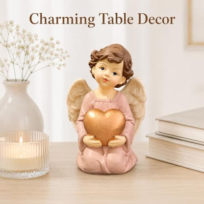Guardian Angel Figurine Holding Gold Heart | Painted Resin Keepsake For Mom, Daughter, Sister, Friend, Desk, Shelf, Nightstand, Prayer Corner And Gift Occasions - size: 3.7"H