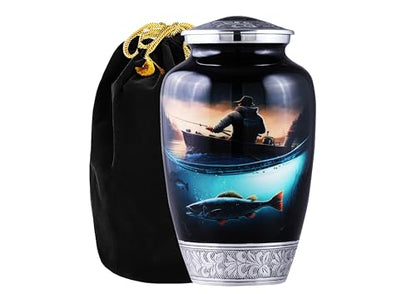 Large Fishing Cremation Urn for Human Ashes Adult – Handmade Funeral Urn for Men & Women, 200 Cubic Inch Memorial Urn, Decorative Burial Urn with Velvet Bag for Loved One.