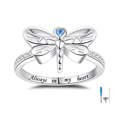 925 Sterling Silver Dragonfly Urn Ring for Women Always in My Heart Engraved Cremation Memorial Keepsake Jewelry