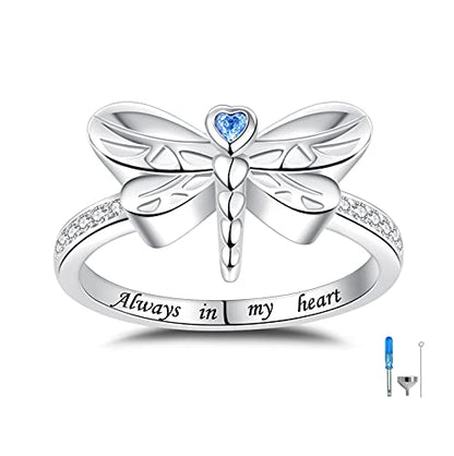 925 Sterling Silver Dragonfly Urn Ring for Women Always in My Heart Engraved Cremation Memorial Keepsake Jewelry