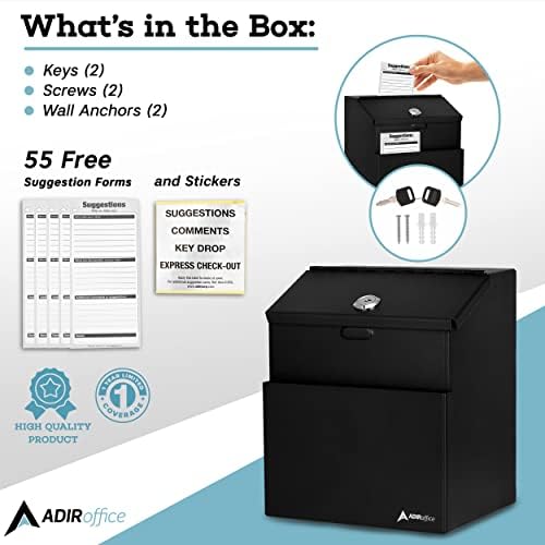 Adir Suggestion Box with Slot and Lock with 25 Comment Cards and Label Stickers, Black
