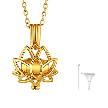 FindChic Personalized Urn Necklaces for Ashes Vertical Bar/Moon Cat/Sand Clock/Dog Claw Pendant Stainless Steel/18K Gold Plated/Black Waterproof Keepsake Cremation Jewelry with Funnel, with Gift Box - color: 4. lotus (gold)