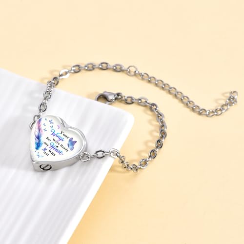 RIPFEVURN Wing Heart Cremation Jewelry Urn Bracelet for Ashes for Women Memorial Ashes Keepsake Link Bracelet - color: Silver