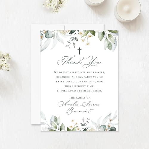Greenery White Floral Funeral Thank You Cards with Cross - color: Greenery White Floral