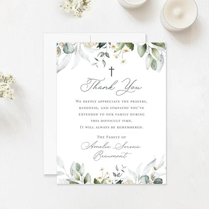 Greenery White Floral Funeral Thank You Cards with Cross - color: Greenery White Floral