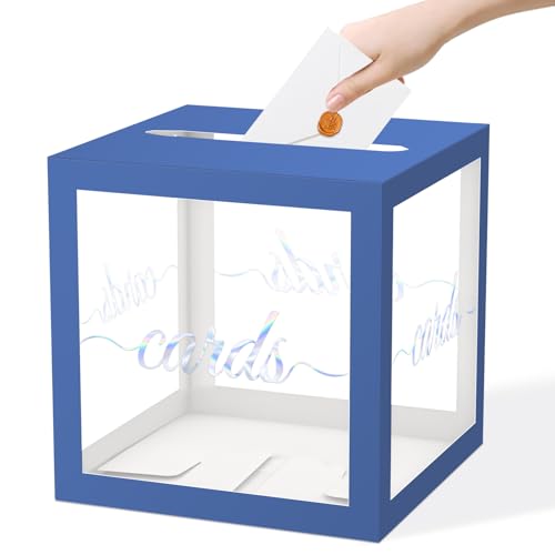 QISOLIY Navy Blue Clear Laser Silver Card Box 8.7" Wedding Card Boxes for Reception Holder Money Box for Graduations, Baby Showers, Birthdays, Weddings, Retirements, Open Houses, Anniversaries - color: Navy Blue Clear Iridescent