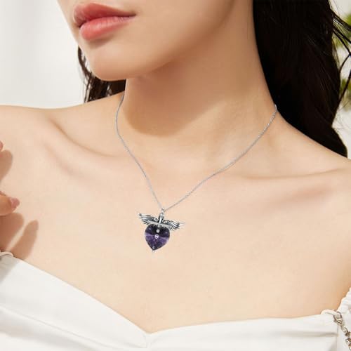 SOULMEET Memorial Wings Necklace for Ashes with Large Heart Crystal Birthstone, Angel Wings Urn Necklaces with Heart Shaped Birthstone Keepsake Silver Cremation Jewelry - style: F-June