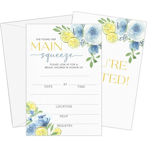Main Squeeze Bridal Shower Invitations | Lemon Bridal Shower Invites, Blue Floral Citrus Invitations with Envelopes, Wedding Party Decorations-A10 - style: main squeeze