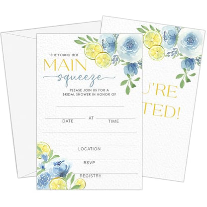 Main Squeeze Bridal Shower Invitations | Lemon Bridal Shower Invites, Blue Floral Citrus Invitations with Envelopes, Wedding Party Decorations-A10 - style: main squeeze