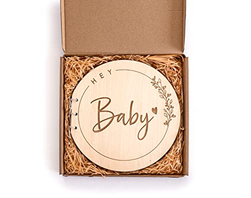 Hey Baby Wood Baby Shower Guest Book Alternatives for Boy or Girl, Rustic Baby Shower Guest Sign In Book, Keepsakes for Baby Shower, Gift for New Parents and Expecting Mothers - style: Hey Baby Design 2