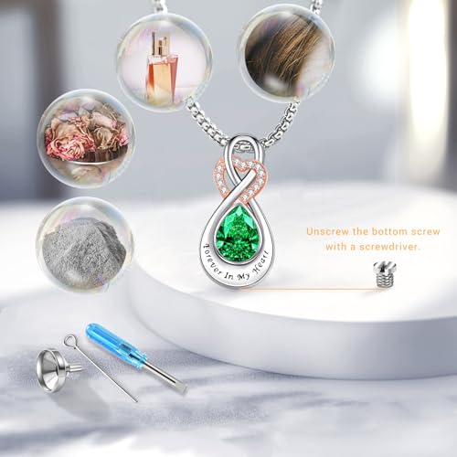 Infinity Urn Necklace for Ashes Sterling Silver Heart Moonstone Turquoise Birthstone Keepsake Memorial Cremation Jewelry for Women - style: Infinity A-05-May.-Emerald
