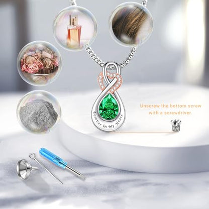 Infinity Urn Necklace for Ashes Sterling Silver Heart Moonstone Turquoise Birthstone Keepsake Memorial Cremation Jewelry for Women - style: Infinity A-05-May.-Emerald