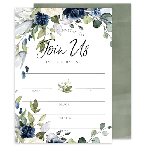 Whaline 25 Sets Floral Invitations with Envelopes Stickers Watercolor Blue Flower Invitation Cards Blank Invites for Wedding Reception Bridal Baby Shower Birthday Dinner Party, 5 x 7 Inch - style: Blue and White Floral
