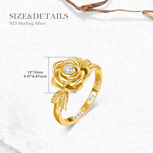 925 Sterling Silver Rose Flower Cremation Urn Ring Holds Loved Ones Ashes Cremation Keepsake Ring Jewelry Embellished with Crystals from Austria - color: Gold