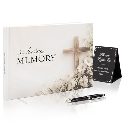 Cross Hardcover Funeral Guest Book - 9.5 x 7 Celebration of Life Guestbook for Memorial Service with 5x7 Paper Sign, Pen, Black Photo Corner Stickers - color: Cross