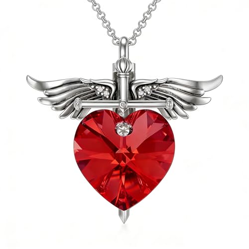 SOULMEET Memorial Wings Necklace for Ashes with Large Heart Crystal Birthstone, Angel Wings Urn Necklaces with Heart Shaped Birthstone Keepsake Silver Cremation Jewelry - style: G-July