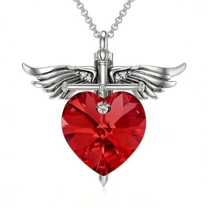 SOULMEET Memorial Wings Necklace for Ashes with Large Heart Crystal Birthstone, Angel Wings Urn Necklaces with Heart Shaped Birthstone Keepsake Silver Cremation Jewelry - style: G-July