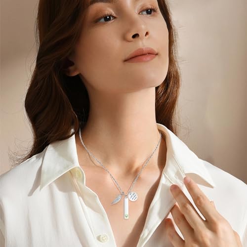 XIUDA Cremation Jewelry for Ashes with Angel Wing Charm Vertical Bar Urn Necklace Stainless Steel Memorial Keepsake Pendant for Women - color: Light Green