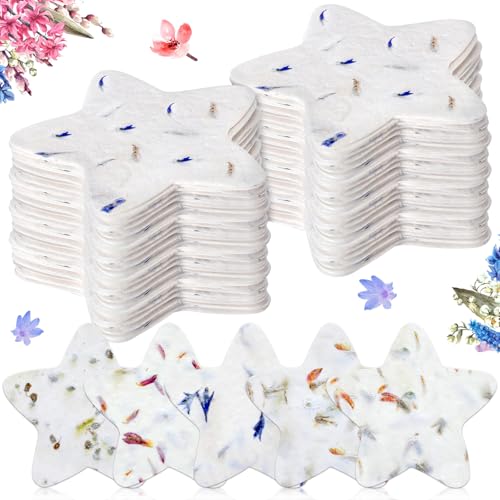 Dunzoom 50 Pcs Plantable Seed Paper Tags Wildflower,Star | Handmade Recycled with Real Petals, For Wedding Shower Favors Birthday Party, 11 Styles Packets - style: Star