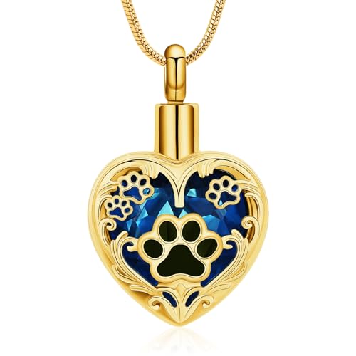 Heart Urn Necklace For Ashes Birthstone Pet Memorial Jewelry Dog Paw Print Cremation Pendant Stainless Steel Keepsake Gift For Pet Lovers - color: Gold blue