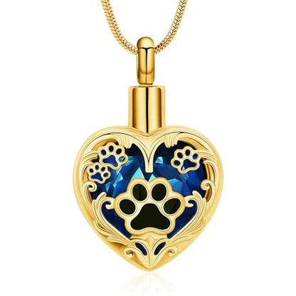 Heart Urn Necklace For Ashes Birthstone Pet Memorial Jewelry Dog Paw Print Cremation Pendant Stainless Steel Keepsake Gift For Pet Lovers - color: Gold blue
