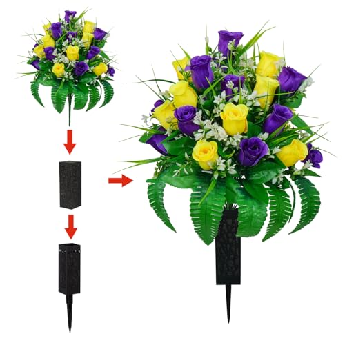 2 Sets Artificial Cemetery Flowers For Grave 24 Heads Flowers For Cemetery - color: Yellow + Purple