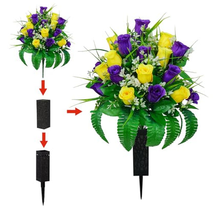 2 Sets Artificial Cemetery Flowers For Grave 24 Heads Flowers For Cemetery - color: Yellow + Purple