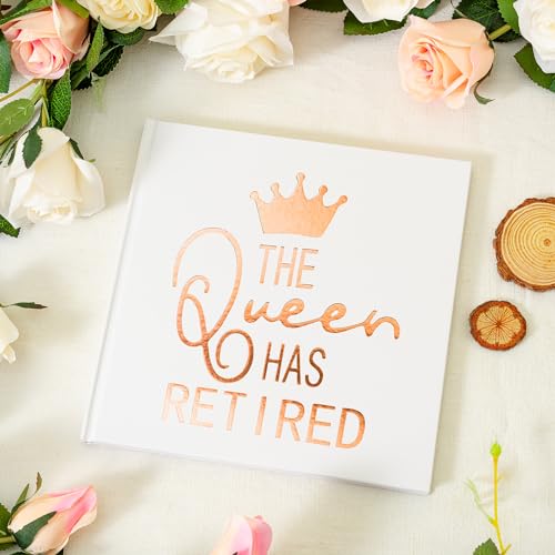 Calculs Retirement Party Guest Book for Mom The Queen Has Retired Guestbook Polaroid Picture Book 8.5” Square Hardcover Blank Pages for Instax White Cover Rose Gold Stamping - style: Contemporary
