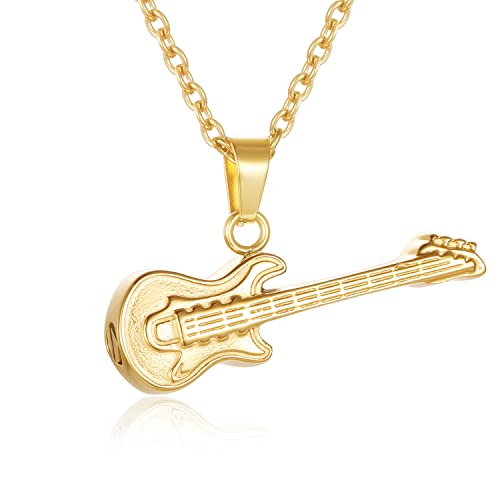 Guitar Cremation Jewelry for Ashes, Stainless Steel Guitar Shaped Urn Necklace for Men Women, Music Memorial Keepsake Pendant with Screw-Thread Chamber for Loved One - color: Gold