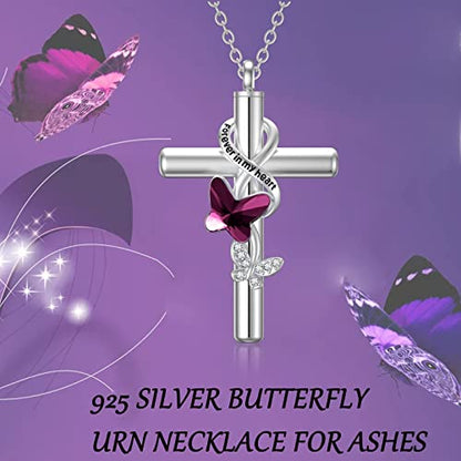 Cross Urn Necklace for Ashes 925 Sterling Silver Cremation Jewelry with Funnel Filler Kit Ashes Necklace for Human Women Girl Pets - color: A_Purple Butterfly Urn Necklace, style: Personalized