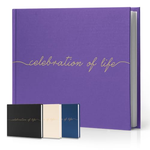 Funeral Guest Book for Celebration of Life, in Loving Memory Sign in Book | 320 Entries, Table Sign Card Included, Gold Stamping, Twill-Textured Paper Cover, Memorial Keepsake, 9x7.5", Purple - color: Purple