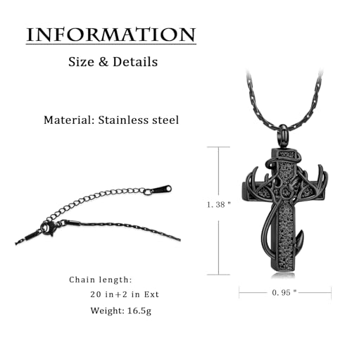 constantlife Cross Urn Necklace for Ashes for Women Men Fish Hook Memorial Pendant Deer Antler Cremation Jewelry Human Pet Ashes Holder Keepsake - color: Black