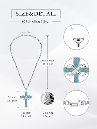 Turquoise Cross Urn Necklaces for Human Ashes 925 Sterling Silver Urn Necklaces Cremation Keepsake Memorial Pendant Necklace for Ashes for Loved One Human Pet - style: Infinity-Text&photo