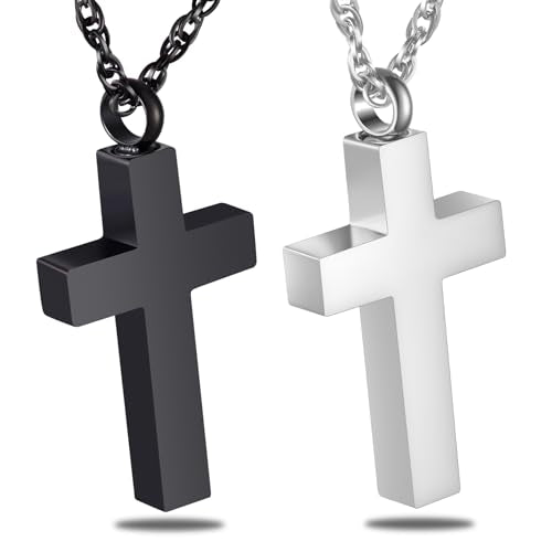 Cremation Cross Necklace for Ashes, Blank Cross Urns Locket Pendant Ashes Holder Stainless Steel Memorial Jewelry - color: Silver+Black