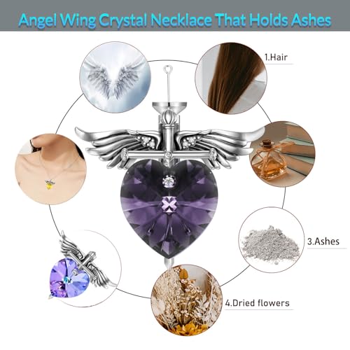 SOULMEET Memorial Wings Necklace for Ashes with Large Heart Crystal Birthstone, Angel Wings Urn Necklaces with Heart Shaped Birthstone Keepsake Silver Cremation Jewelry - style: F-June