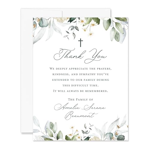 Greenery White Floral Funeral Thank You Cards with Cross - color: Greenery White Floral