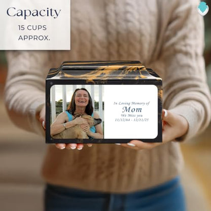 GetUrns Cultured Marble Urn Vault by Mackenzie with Personalized Picture and Text for Human Ashes I Black & Gold Adult Urns for Male and Female I 210lbs - color: Black & Gold