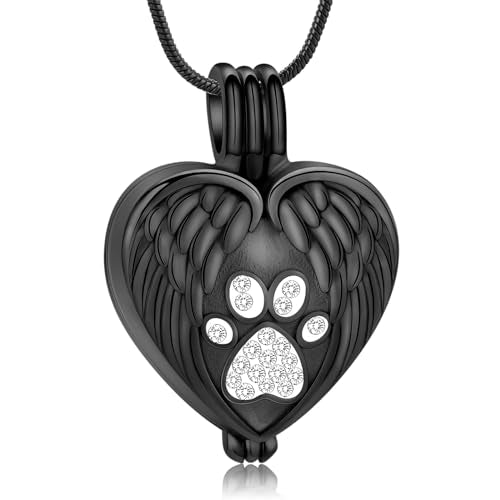 zeqingjw Pet Cremation Jewelry for Ashes Pendant Paw Print Pet Heart Urn Necklace Memorial Keepsake Jewelry for Pet/Dog's/Cat's Ashes - color: Wing Heart-Black