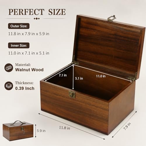 Wooden Keepsake Box, Walnut Large Memory Box with Hinged Lid & Locking Key