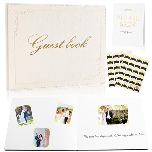 8x10 Inch Wedding Guest Book - 120 Blank & Lined Pages, Gold Foil PU Leather Hardbound Cover, Durable Sewn Binding (White Blank) - color: White Blank