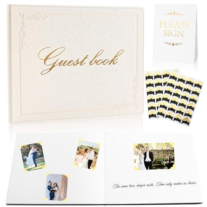 8x10 Inch Wedding Guest Book - 120 Blank & Lined Pages, Gold Foil PU Leather Hardbound Cover, Durable Sewn Binding (White Blank) - color: White Blank