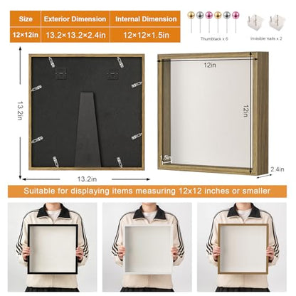 12x12 Shadow Box Frame with Ultra-Clear Glass & Soft Linen Back | With Push Pins and Stand, Deep 1.5" Brown Shadow Box Display Case – Display on Tabletop or Wall for Photo, Wedding, Keepsake - color: Brown+high Definition Panel + Shatter-proof Packaging,