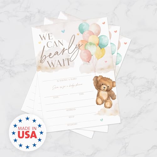 We Can Bearly Wait Baby Shower Invitations / 25 Barely Wait Teddy Bear Gender Neutral Baby Shower Invites With White Envelopes / 5" x 7" Flat Fill In Gender Reveal Boy Or Girl Invitation Cards / Made In The USA - color: Bear and Balloons