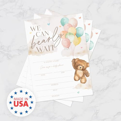 We Can Bearly Wait Baby Shower Invitations / 25 Barely Wait Teddy Bear Gender Neutral Baby Shower Invites With White Envelopes / 5" x 7" Flat Fill In Gender Reveal Boy Or Girl Invitation Cards / Made In The USA - color: Bear and Balloons