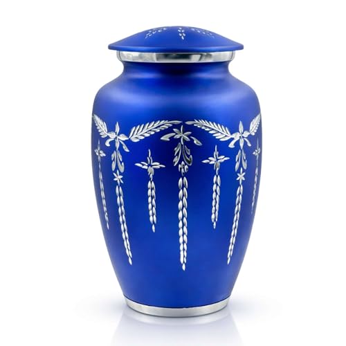 Cremation Urn for Human Ashes Adult (200 lbs) – Blue Large Metal Funeral Urn for Men & Women, Decorative Memorial Urn with Secure Lid
