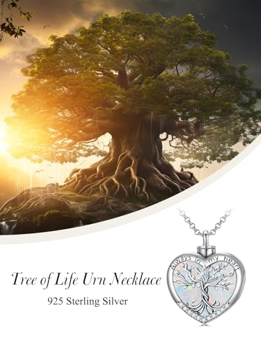 TOUPOP Tree of Life Urn Necklaces for Ashes 925 Sterling Silver Heart Cremation Jewelry Memorial Keepsake Jewelry with Funnel Filler for Women Men - color: A-Heart Tree of Life-White Opal