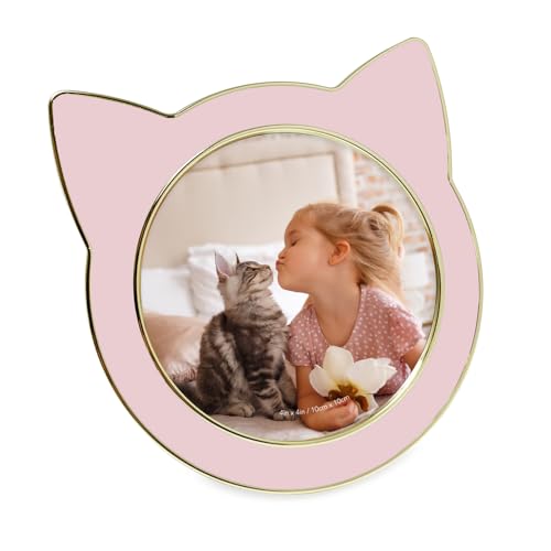 Isaac Jacobs 4x4 Blush w/Gold Round Enamel Cat Picture Frame w/Ears & Easel | Round Enamel Cat Picture Frame w/Ears - Tabletop, Home & Office Décor - color: Blush with Gold, size: 4x4