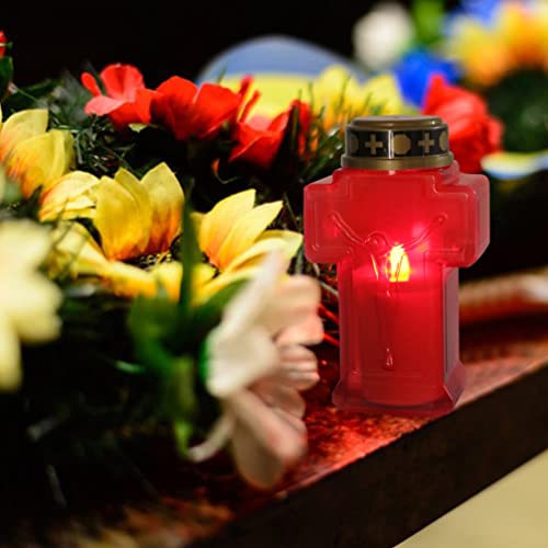 Uonlytech 2pcs Cross Candle Light, Red Flickering Flameless Candles Reusable Church Graveyard Led Candles Grave Decorations for Remembrance - size: 15.3x6.8cm