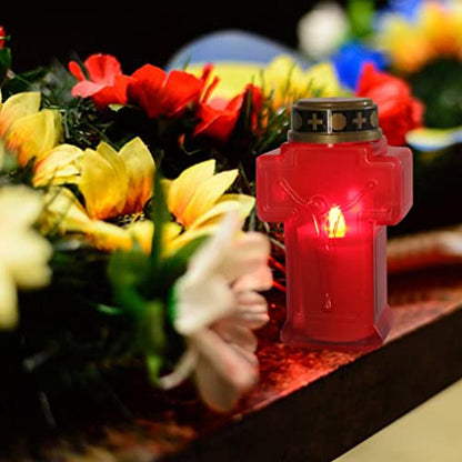 Uonlytech 2pcs Cross Candle Light, Red Flickering Flameless Candles Reusable Church Graveyard Led Candles Grave Decorations for Remembrance - size: 15.3x6.8cm